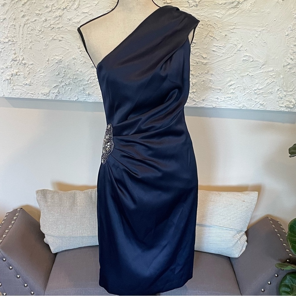 Eliza J Satin One Shoulder Cocktail Formal Dress Navy Blue Sz 6 Embellish Beads - Picture 2 of 10